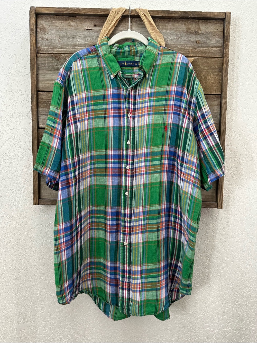 POLO Ralph Lauren Green Plaid Button-Down Short Sleeve Shirt 100% linen XL Tall